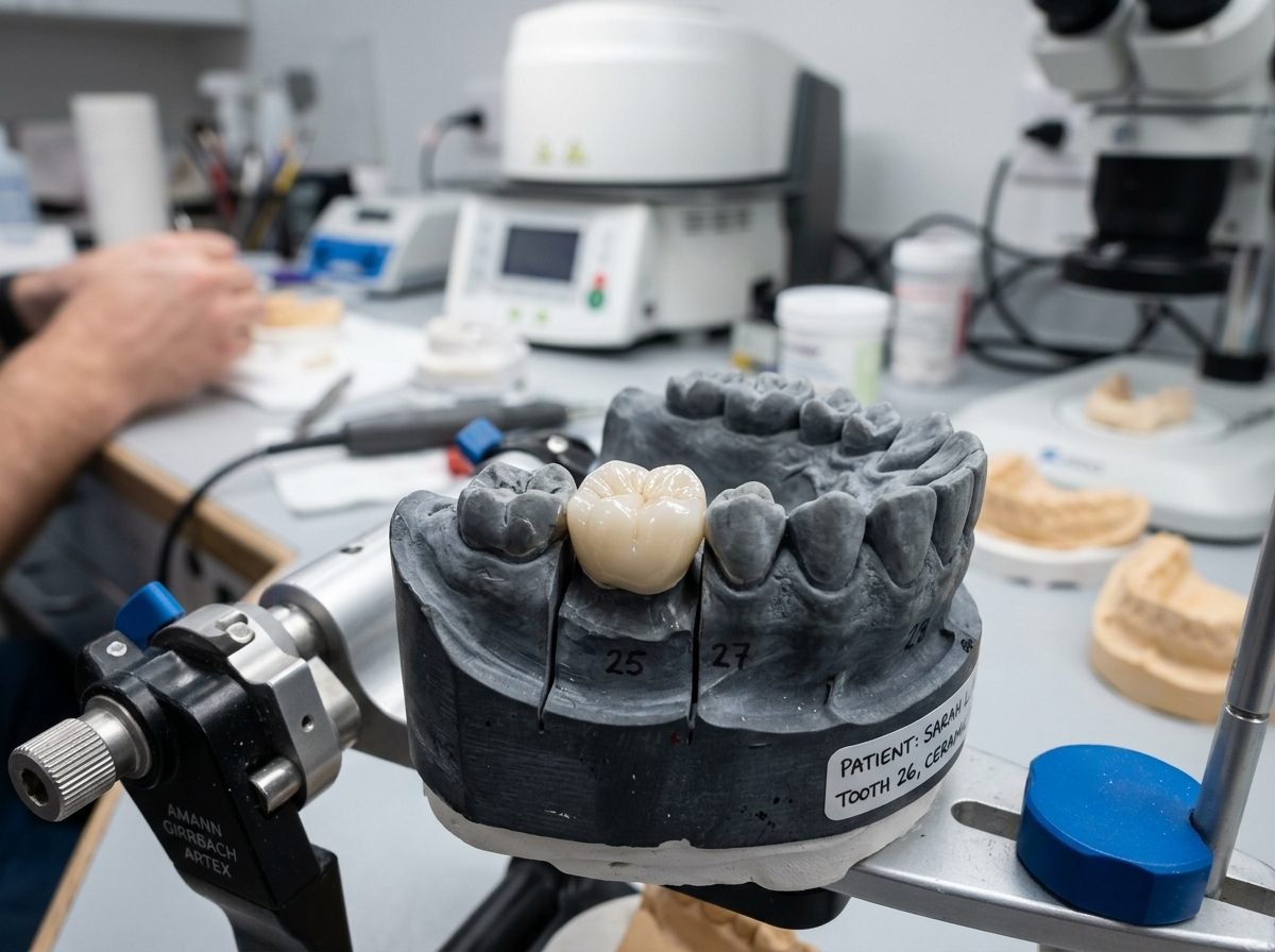 Custom ceramic dental crown restoration closeup at Meenakshi Dental Clinic